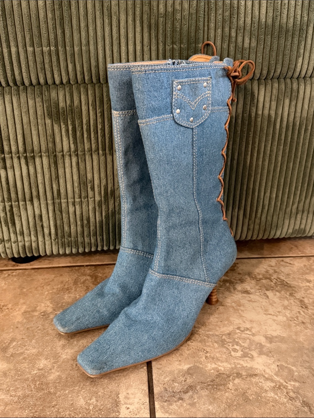 Blue Denim 2000s Lace-Up Boots with Mini Studded Pocket Detail
